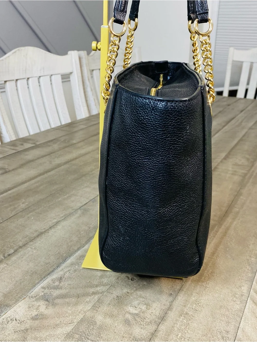 Coach Turnlock Chain Tote Black Polished Pebble Leather Shoulder Bag Purse Gold